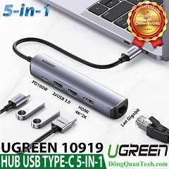 Bộ chuyển USB-C to HDMI 4K*2K + 2xUSB 3.0 + Lan 1Gbps + PD100W Ugreen 10919